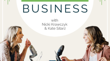 Nicki and Kate sit at a table with podcast recording microphones, notebooks, and Filthy Rich Writer mugs, with the words "Build Your Copywriting Business" above them.