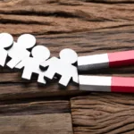 Magnet on table attracts four white cutouts in shape of people.