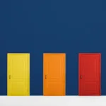 5 doors against a midnight blue background; from left to right: lime green, yellow, orange, red, pink