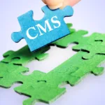 Green and blue puzzle pieces with one blue piece labeled with letters CMS