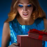 Woman in blue sequined sleeveless dress and blue eyeshadow opens a red box