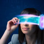 Woman in sunglasses against a midnight blue background looks through a futuristic-looking ban of light across her glasses